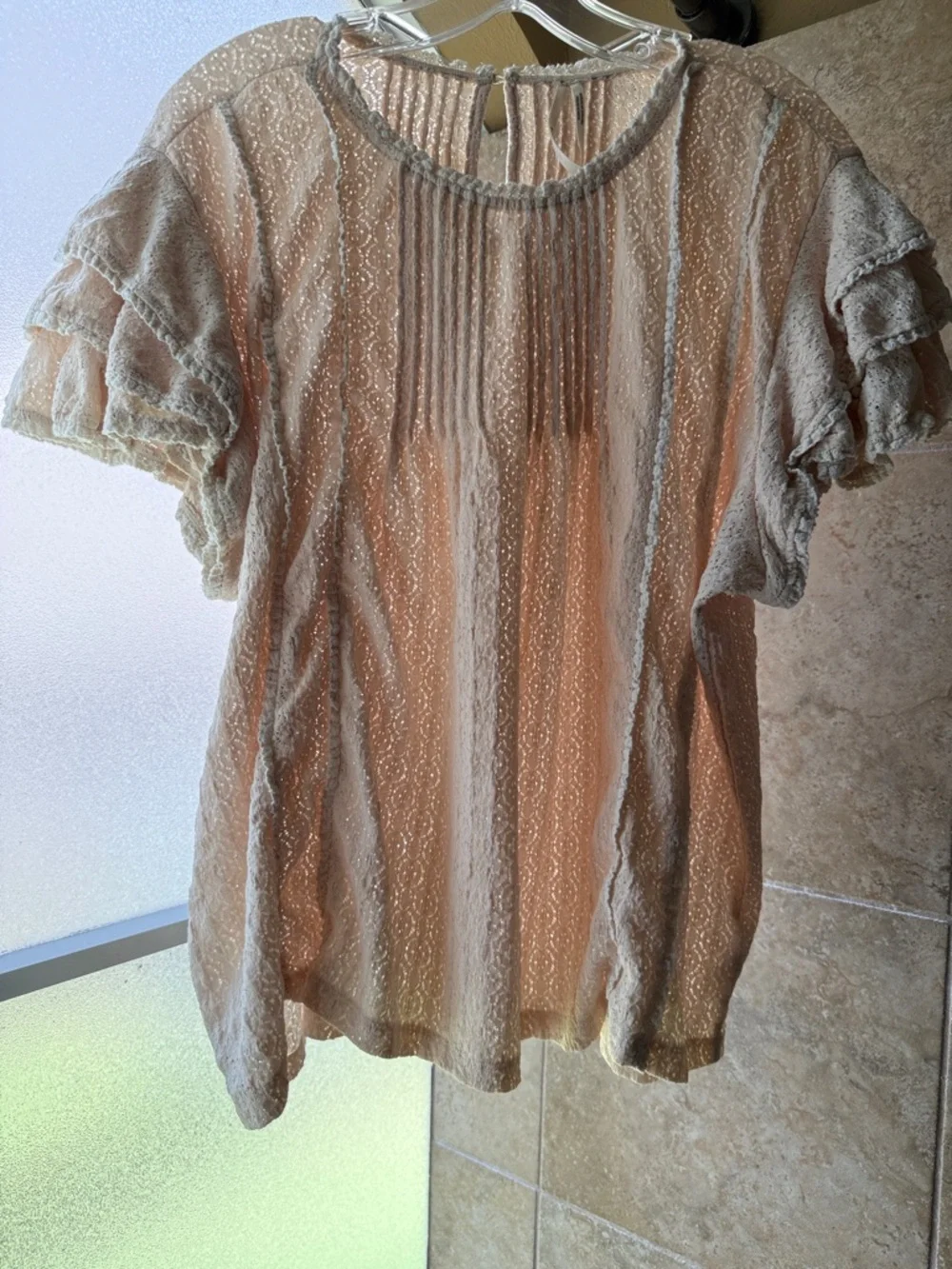 Anthropologie Lace Blouse Cream Pintucked Top Stretch Flutter Ruffle Sleeve XL - Picture 1 of 17